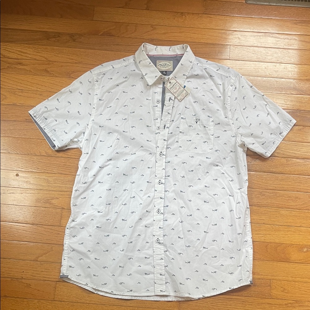 Men's Short-Sleeve White Button-Down Shirt with Navy Micro Print